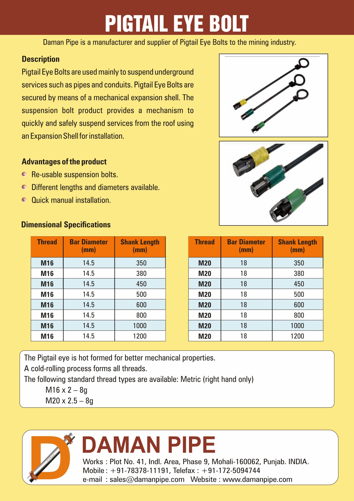 Pigtail Eye Bolt Mining Pigtail Eye Bolt Manufacturers in India